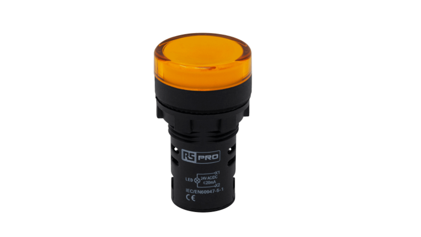 RS PRO, Panel Mount Yellow LED Pilot Light, 22mm Cutout, IP65, Round, 24V ac/dc