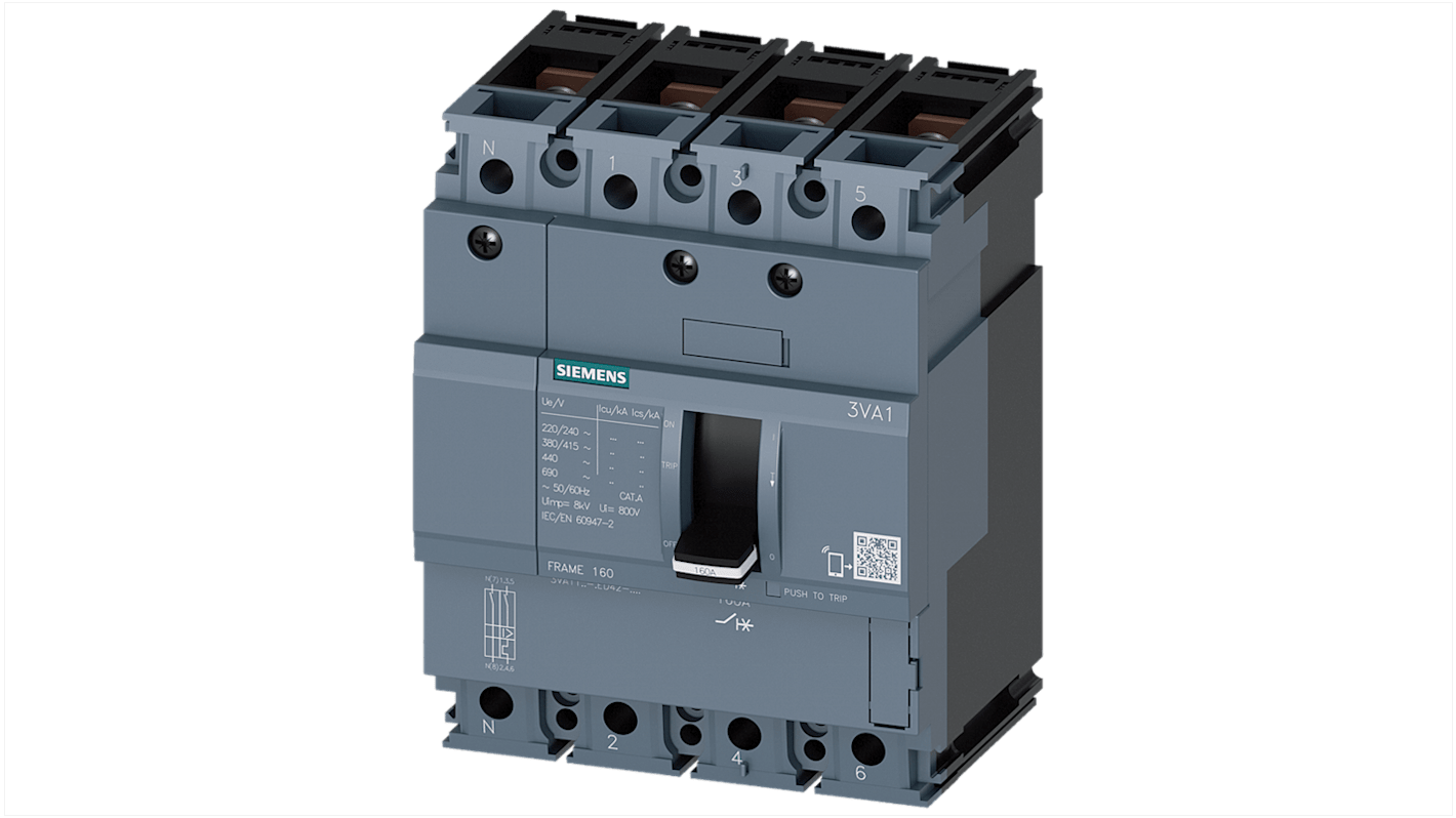 Siemens SENTRON 3VA1, Leistungsschalter MCCB 4-polig, 40A / Abschaltvermögen 36 kA, DIN-Hutschiene