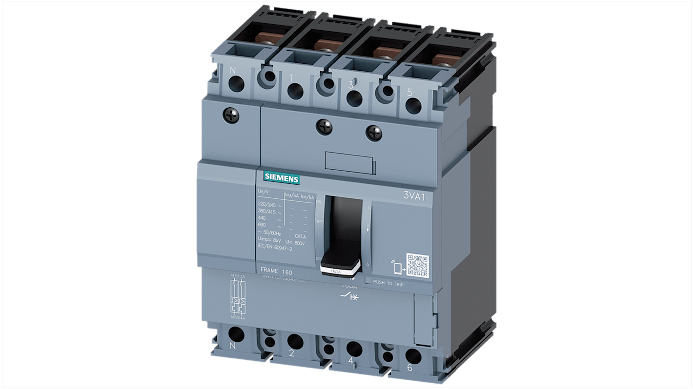 Siemens, SENTRON MCCB Molded Case Circuit Breaker 4P 63A, Breaking Capacity 55 kA, DIN Rail Mount