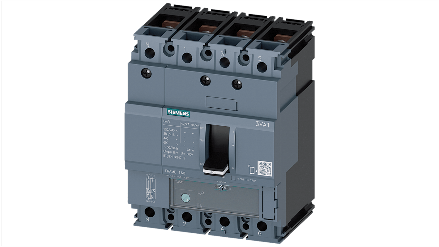 MCCB Siemens, 4 Polos, 63A, Capacidad de Ruptura 70 kA, Montaje fijo, SENTRON, 3VA1