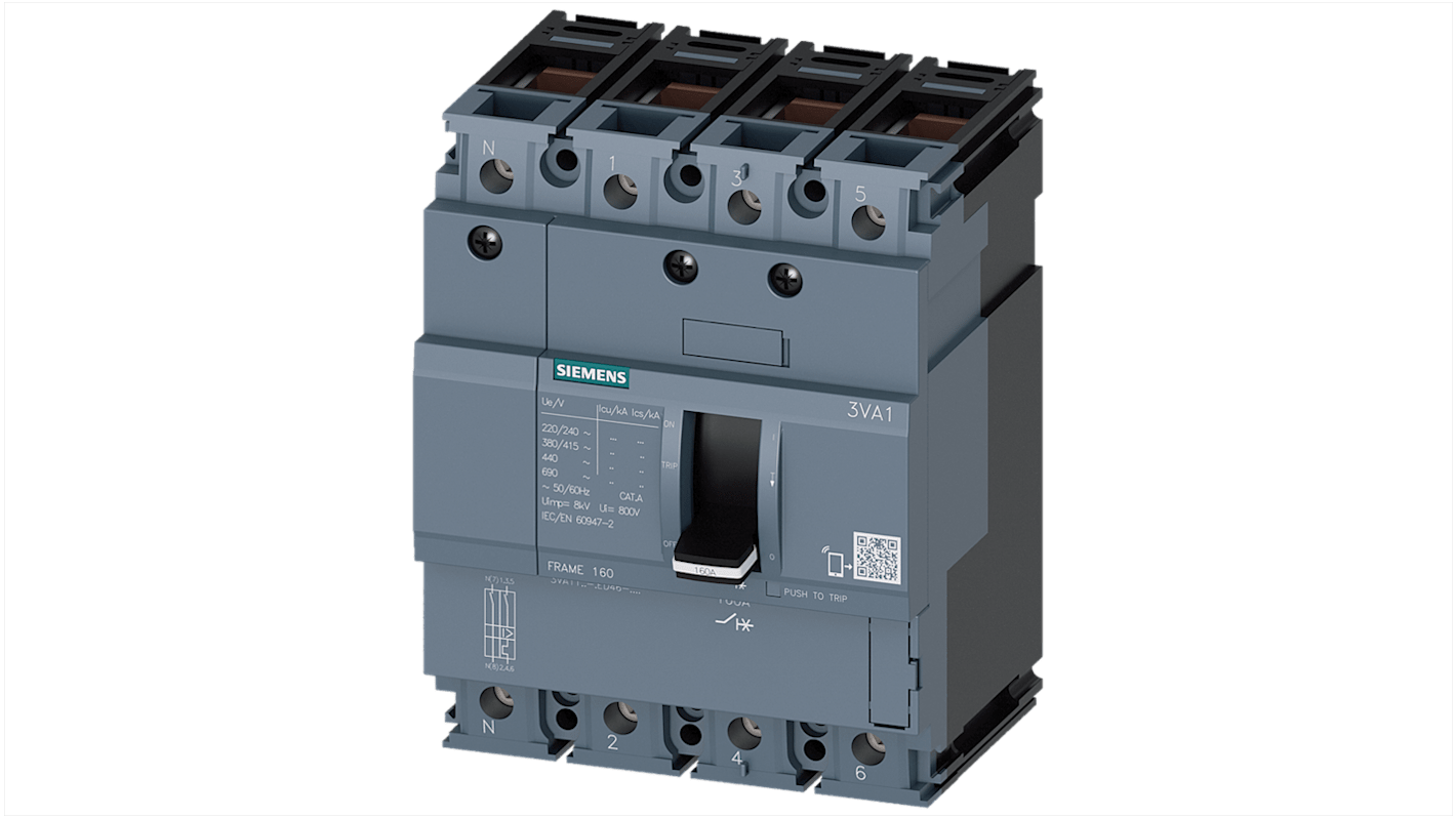 Siemens, SENTRON MCCB Molded Case Circuit Breaker 4P 80A, Breaking Capacity 36 kA, DIN Rail Mount