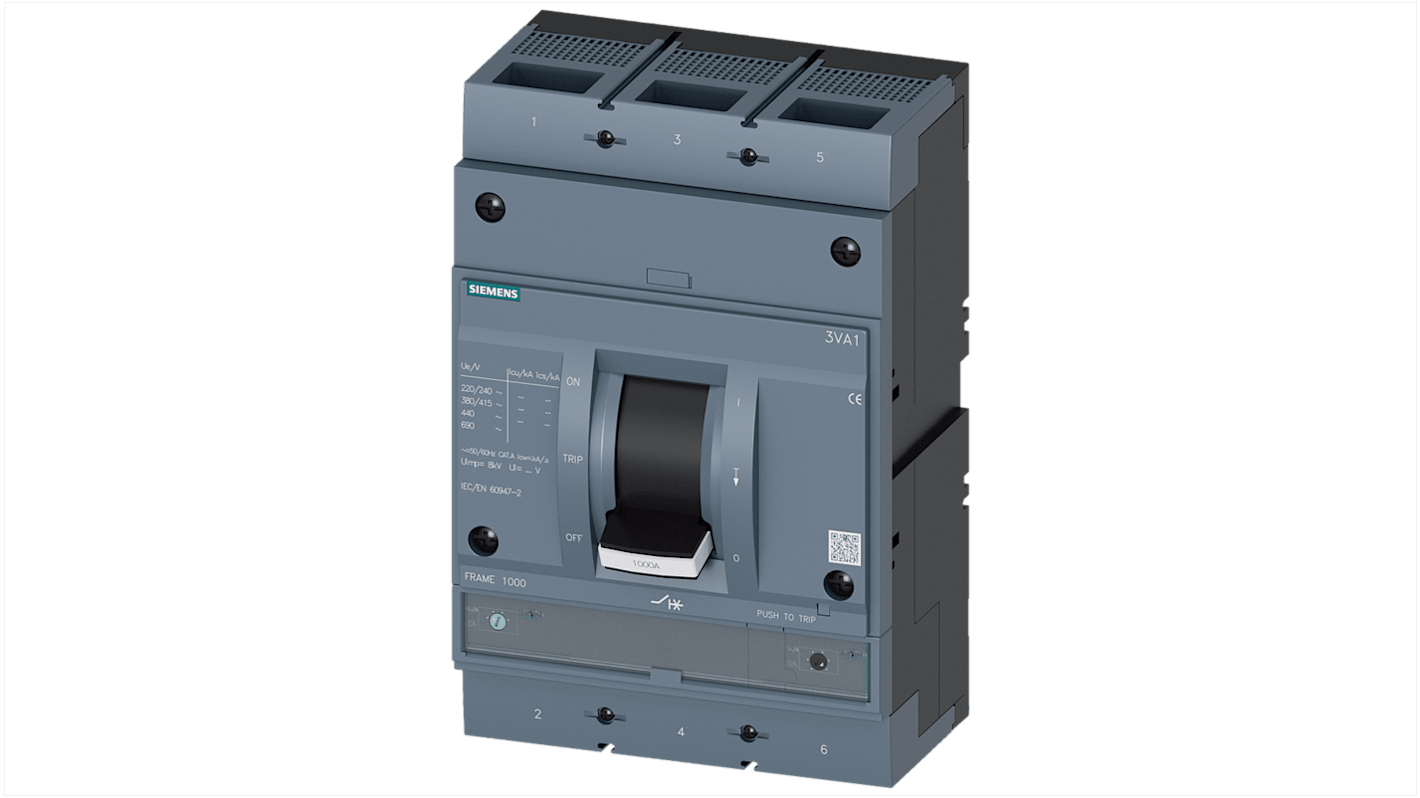 Siemens, SENTRON MCCB Molded Case Circuit Breaker 3P 1kA, Breaking Capacity 55 kA, DIN Rail Mount