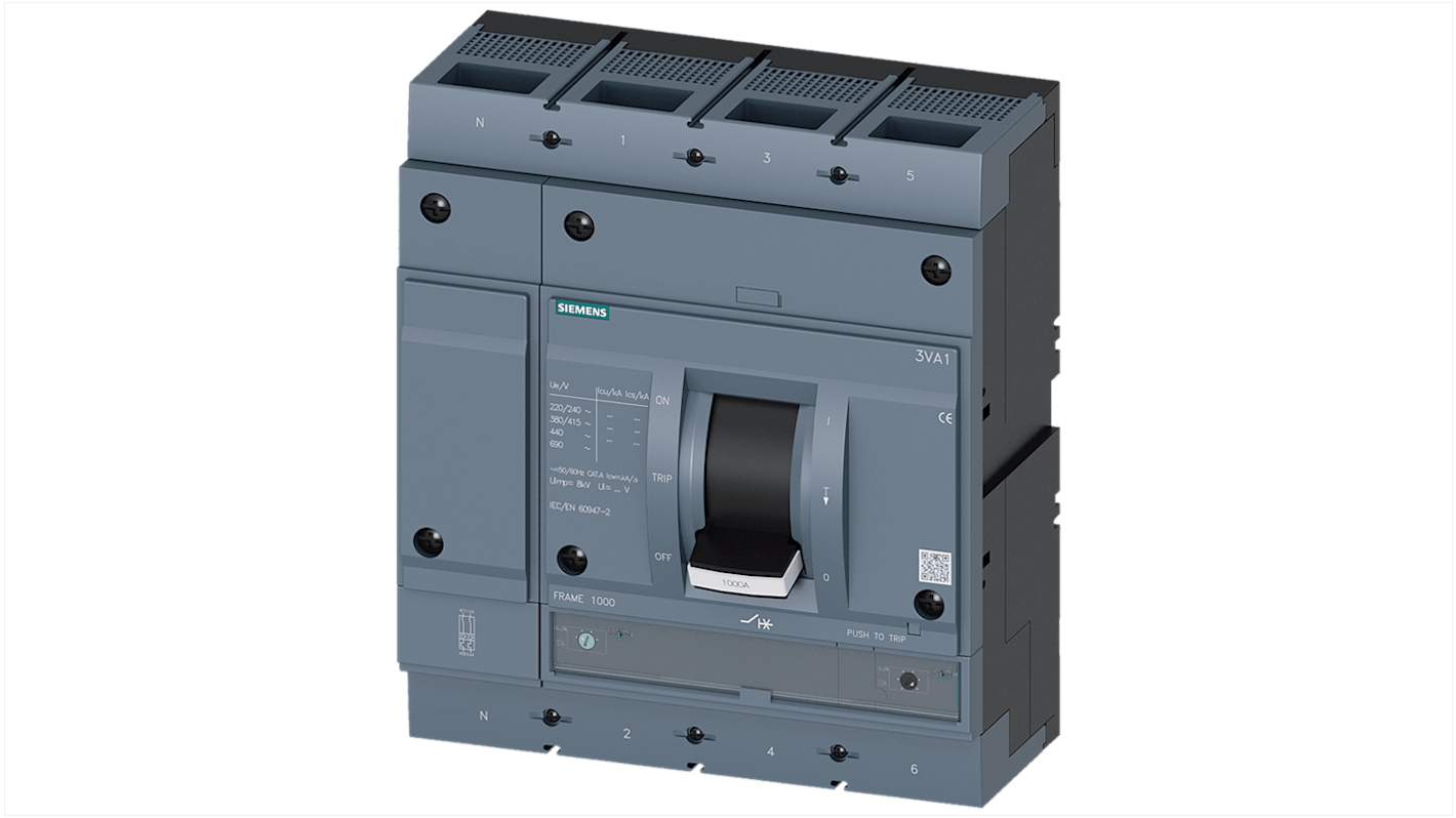 Siemens SENTRON 3VA1, Leistungsschalter MCCB 4-polig, 1kA / Abschaltvermögen 70 kA, DIN-Hutschiene