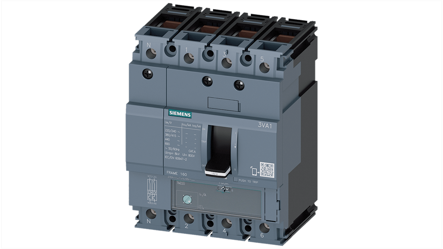 Siemens, SENTRON MCCB Molded Case Circuit Breaker 4P 125A, Breaking Capacity 70 kA, DIN Rail Mount