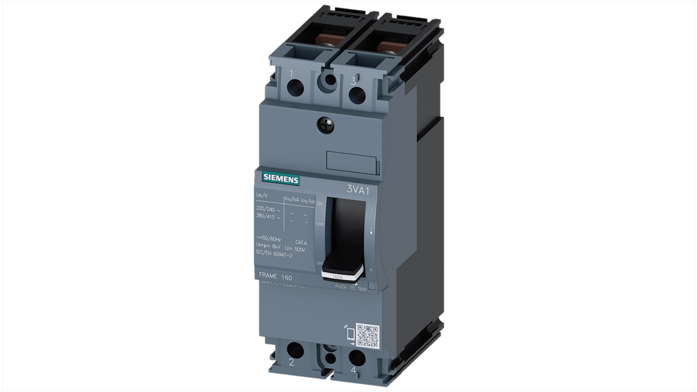 Siemens, SENTRON MCCB Molded Case Circuit Breaker 2P 160A, Breaking Capacity 36 kA, DIN Rail Mount