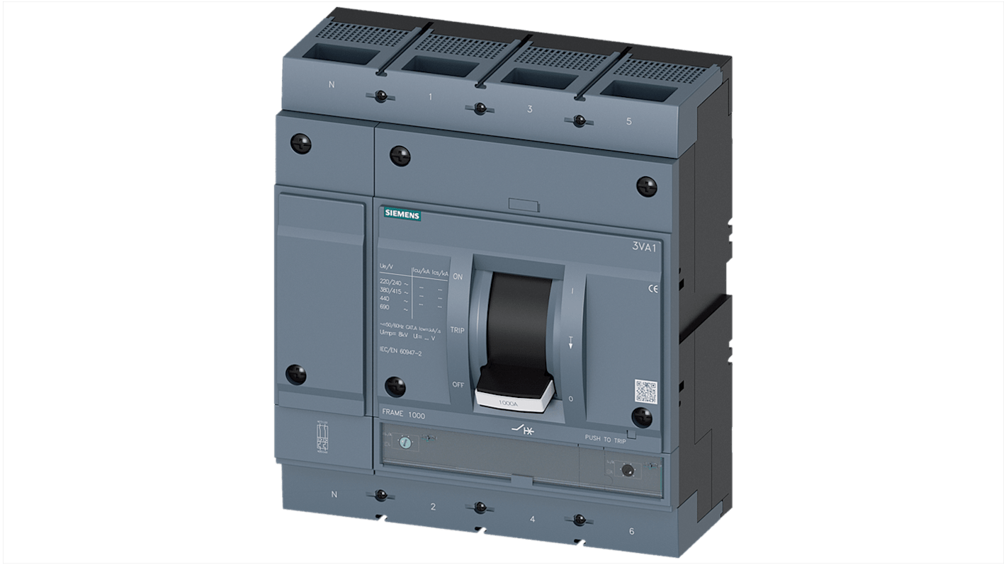 Siemens, SENTRON MCCB Molded Case Circuit Breaker 4P 630A, Breaking Capacity 55 kA, DIN Rail Mount