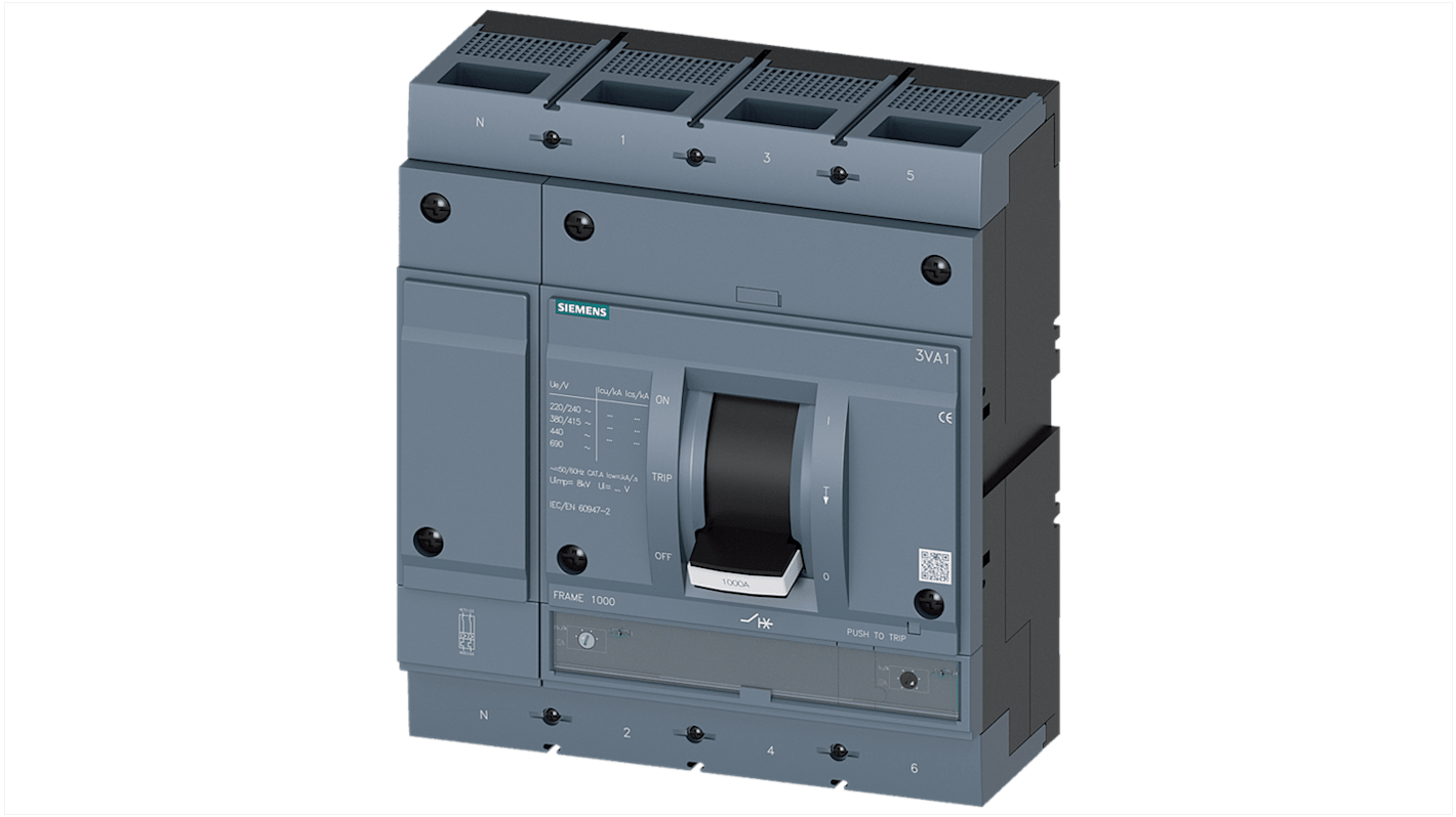 Siemens SENTRON 3VA1, Leistungsschalter MCCB 4-polig, 800A / Abschaltvermögen 110 kA, DIN-Hutschiene
