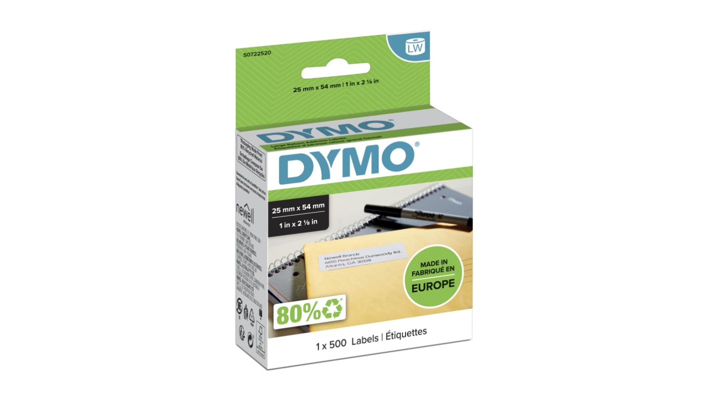 Dymo White Black Print Label Roll, 25mm Width, 54mm Height, 500Per Roll Qty