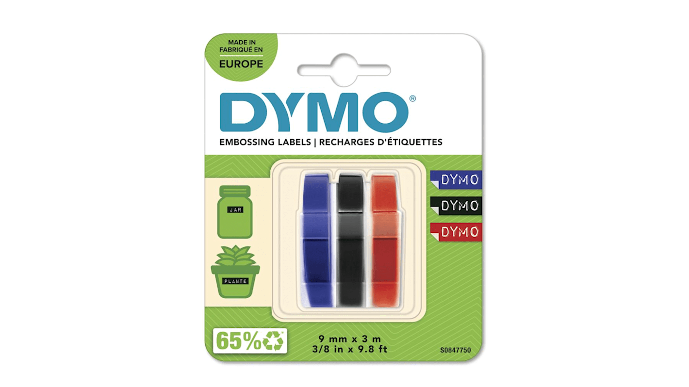 Cinta para impresora de etiquetas Dymo, color Negro, Azul, Rojo sobre fondo Blanco, para usar con Dymo Junior and Omega