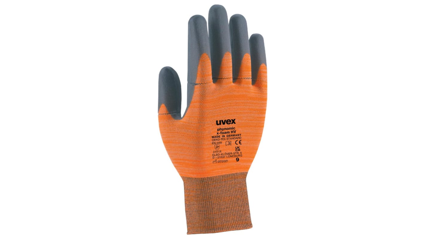 Guantes de trabajo de Elastano, Poliamida Naranja Uvex serie 60054, talla 6, con recubrimiento de Espuma Aqua-Polymer,