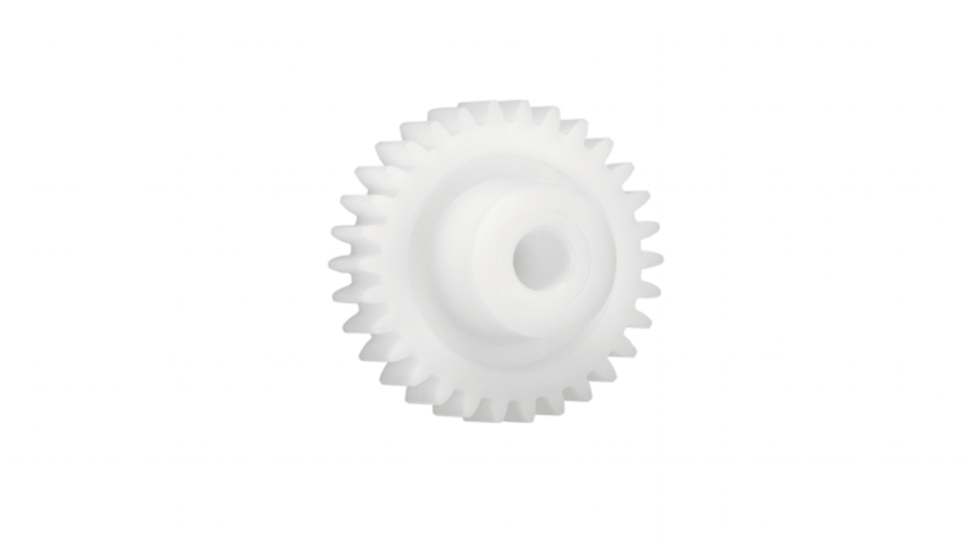 Ingranaggio cilindrico Igus, modulo 0.5, 56 denti, passo Ø 28mm, semigiunto Ø 15mm, foro Ø 6mm, in Iguform S270