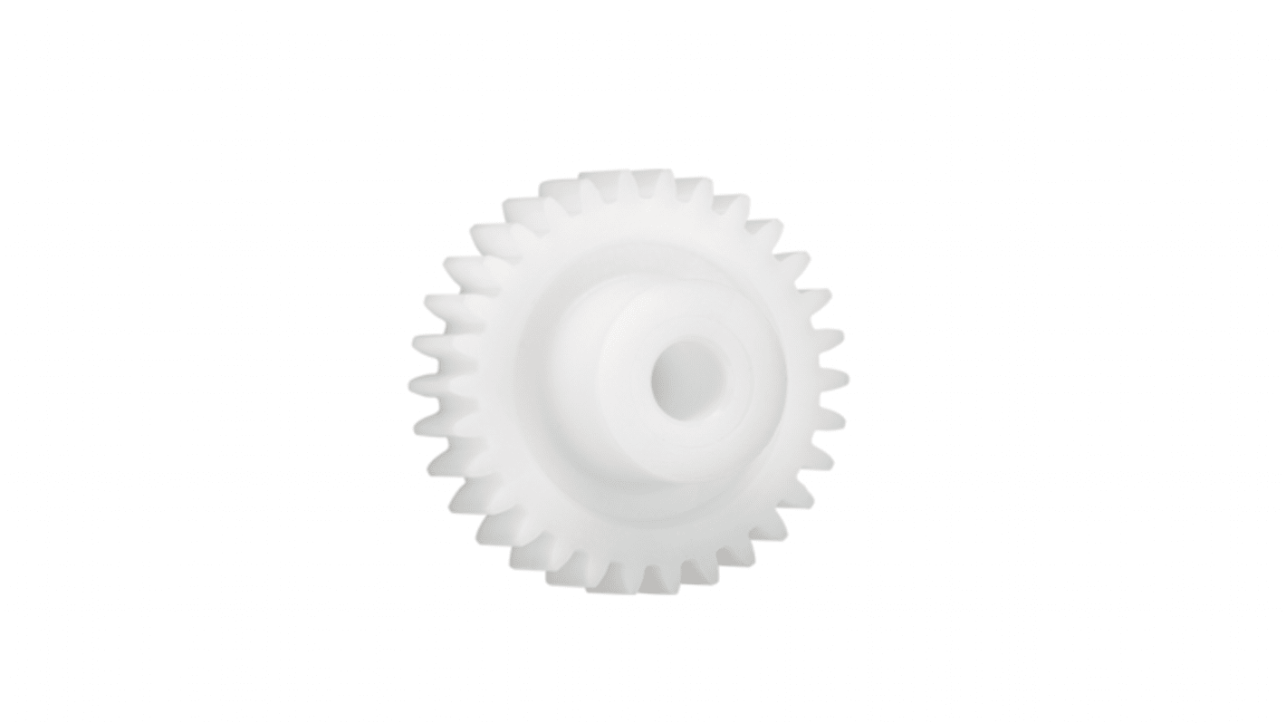 Ingranaggio cilindrico Igus, modulo 0.7, 18 denti, passo Ø 12.6mm, semigiunto Ø 9mm, foro Ø 4mm, in Iguform S270