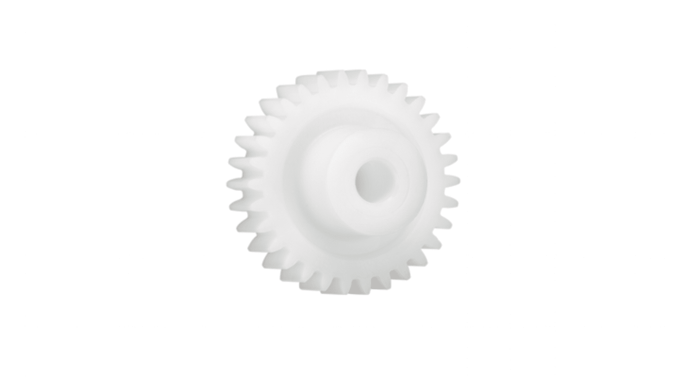 Ingranaggio cilindrico Igus, modulo 0.7, 38 denti, passo Ø 26.6mm, semigiunto Ø 15mm, foro Ø 6mm, in Iguform S270