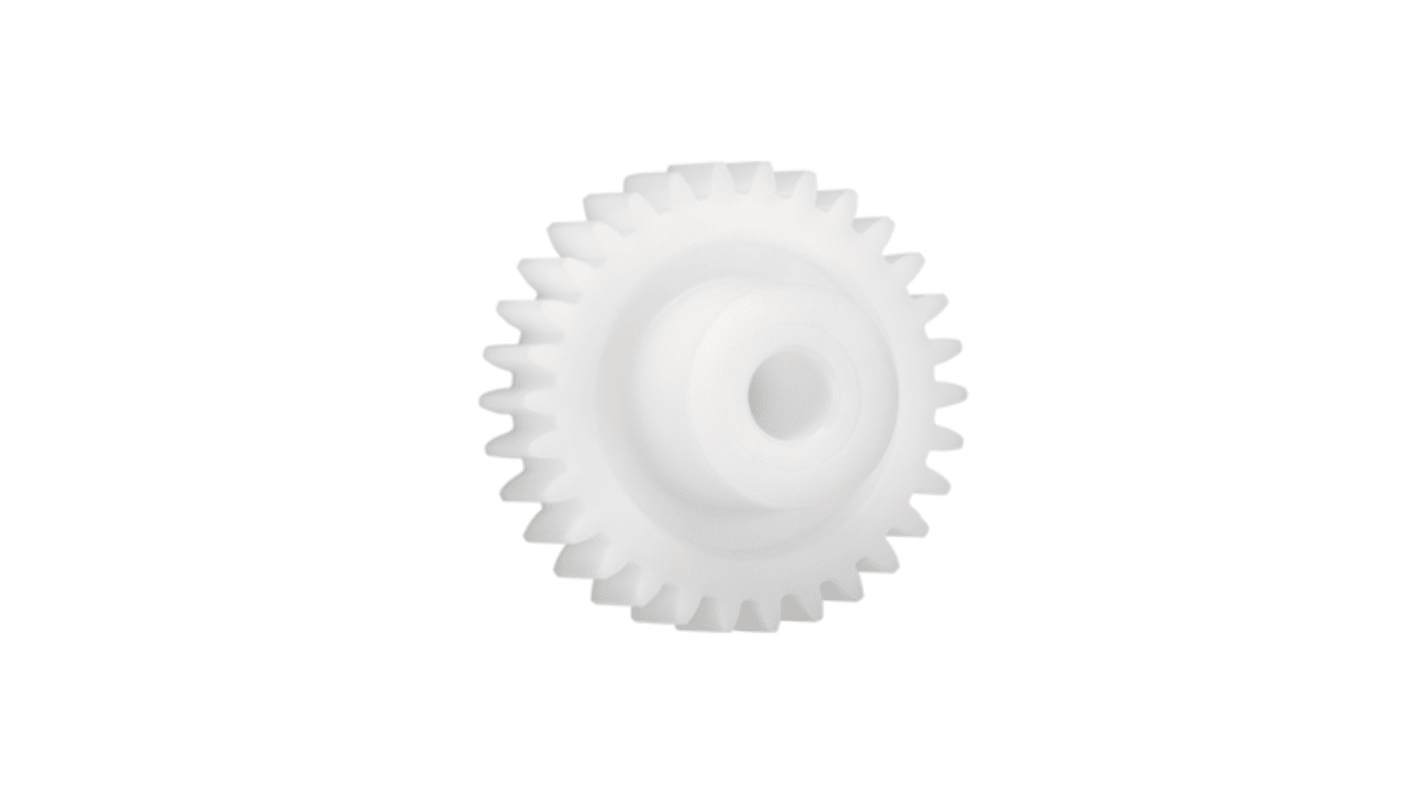 Ingranaggio cilindrico Igus, modulo 2, 14 denti, passo Ø 28mm, semigiunto Ø 18.5mm, foro Ø 8mm, in Iguform S270