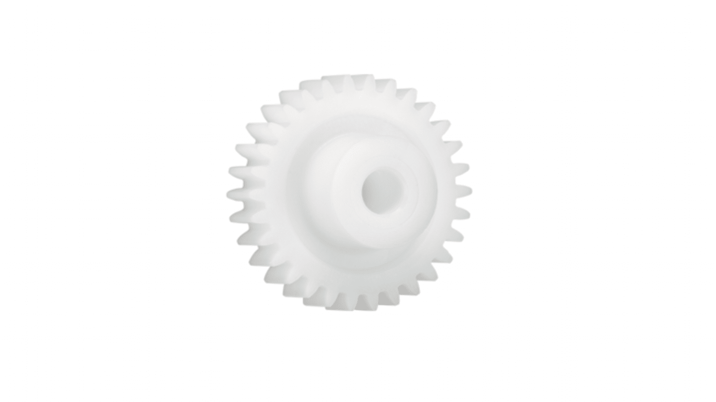 Ingranaggio cilindrico Igus, modulo 2, 17 denti, passo Ø 34mm, semigiunto Ø 17.5mm, foro Ø 8mm, in Iguform S270