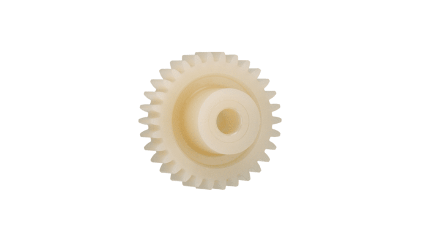 Ingranaggio cilindrico Igus, modulo 0.5, 56 denti, passo Ø 28mm, semigiunto Ø 15mm, foro Ø 6mm, in Igutek P360