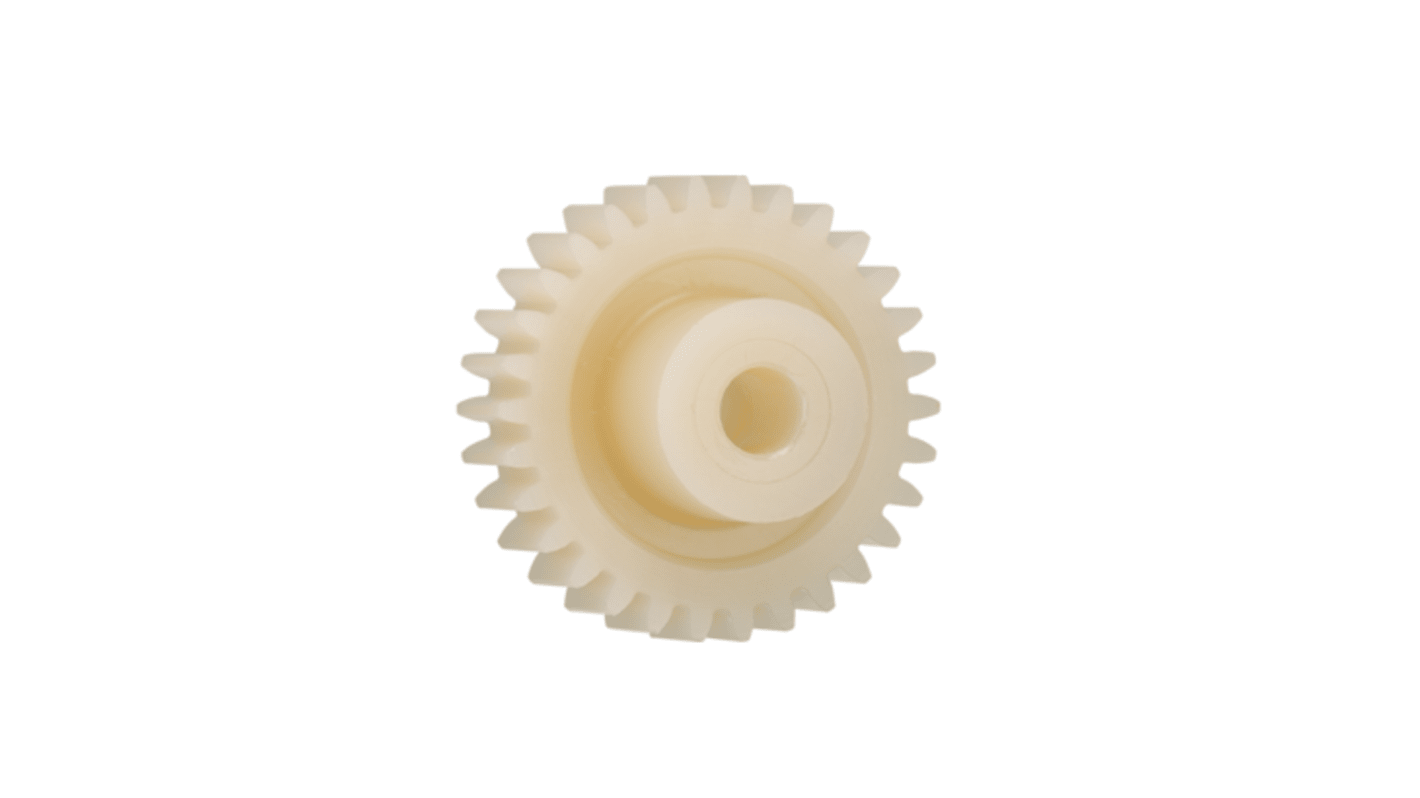 Ingranaggio cilindrico Igus, modulo 2, 19 denti, passo Ø 38mm, semigiunto Ø 17.5mm, foro Ø 8mm, in Igutek P360