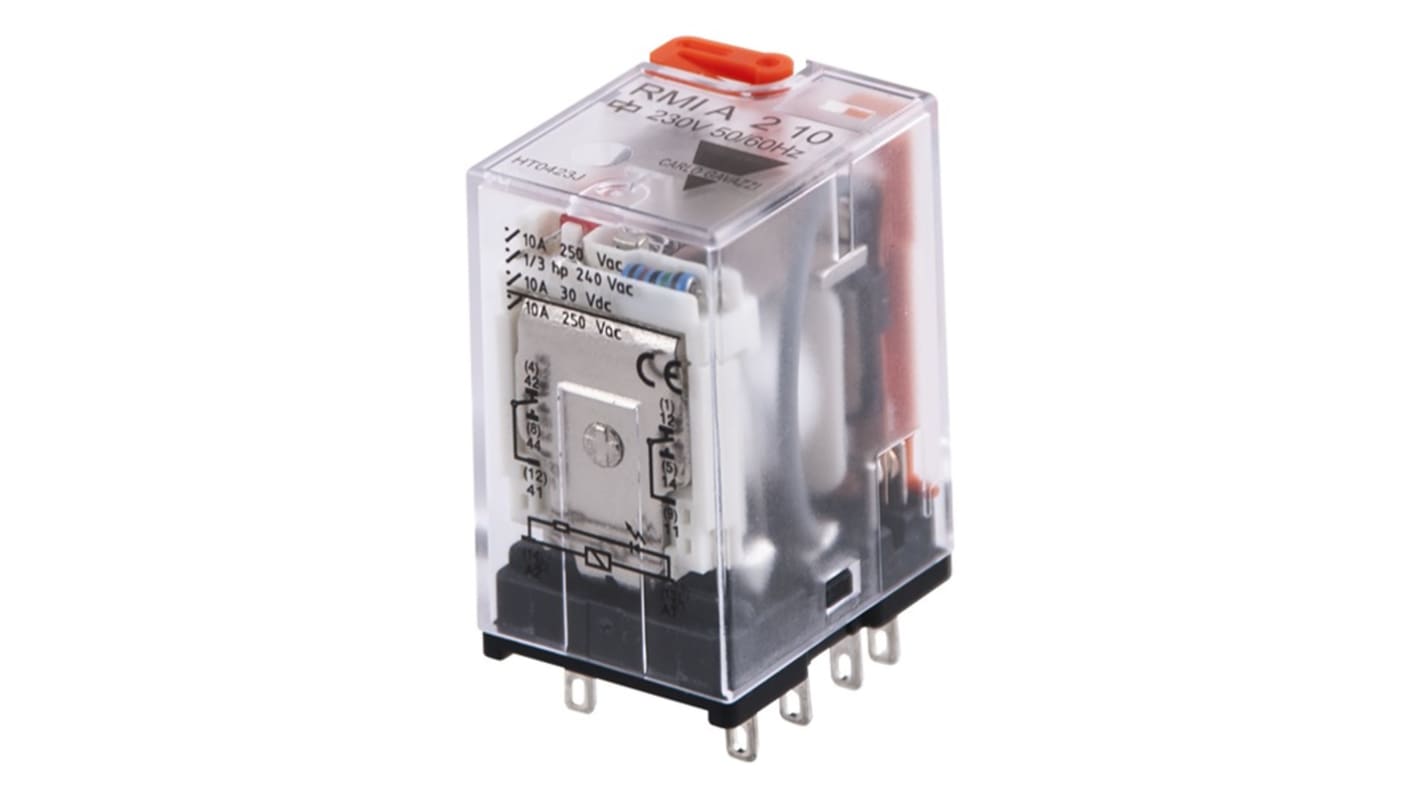 Relé de potencia sin enclavamiento Carlo Gavazzi de 2 polos, DPDT, bobina 230V ac, 10A, enchufable