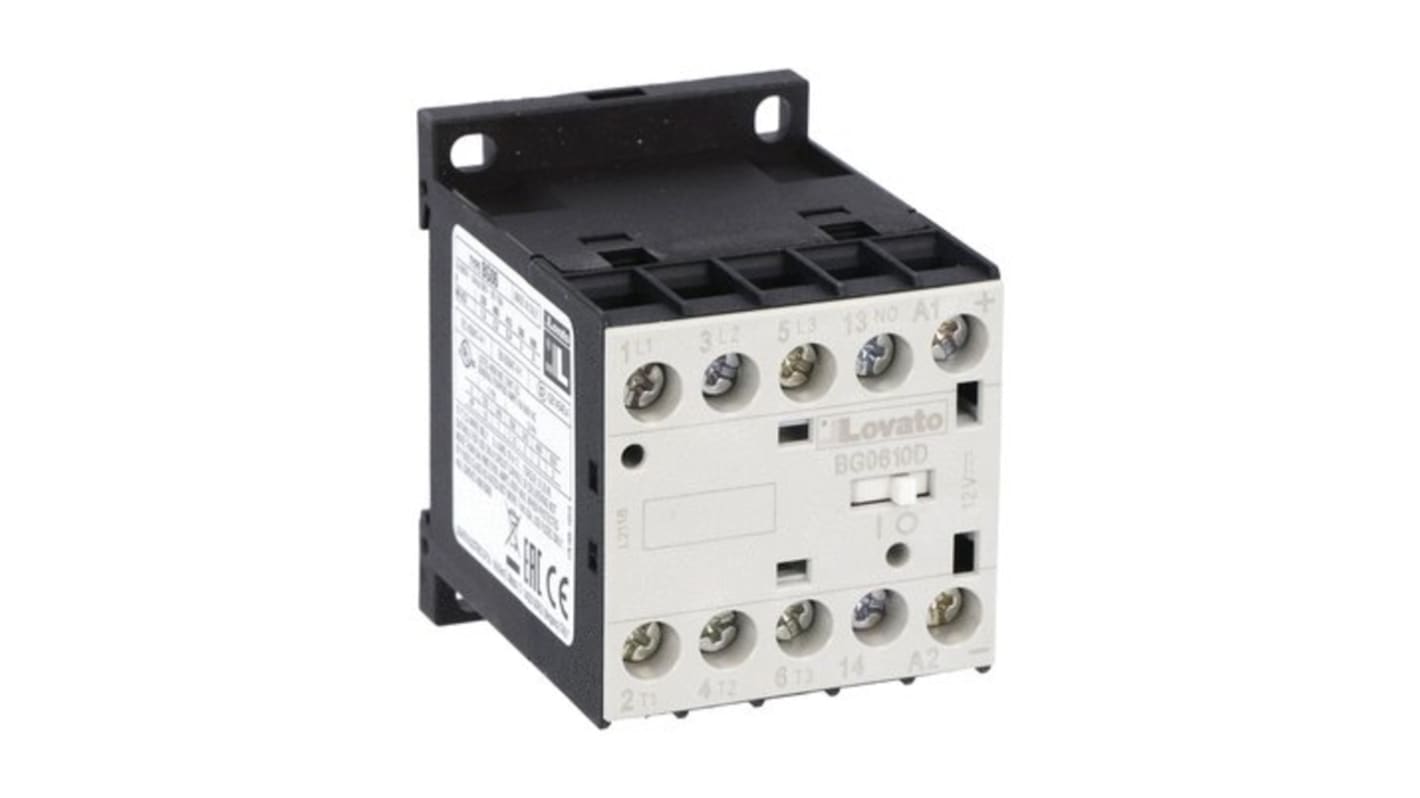 Lovato BG 11BG Contactor, 12 V dc Coil, 3-Pole, 6 A, 2.5 kW, 1NO, 440 V