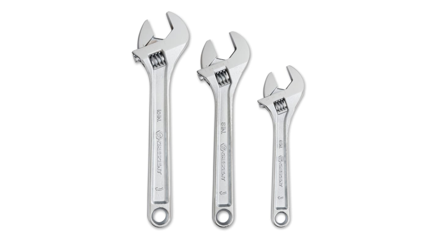 Crescent Adjustable Spanner, 150 mm, 200 mm, 250 mm Overall, Polished Chrome Handle