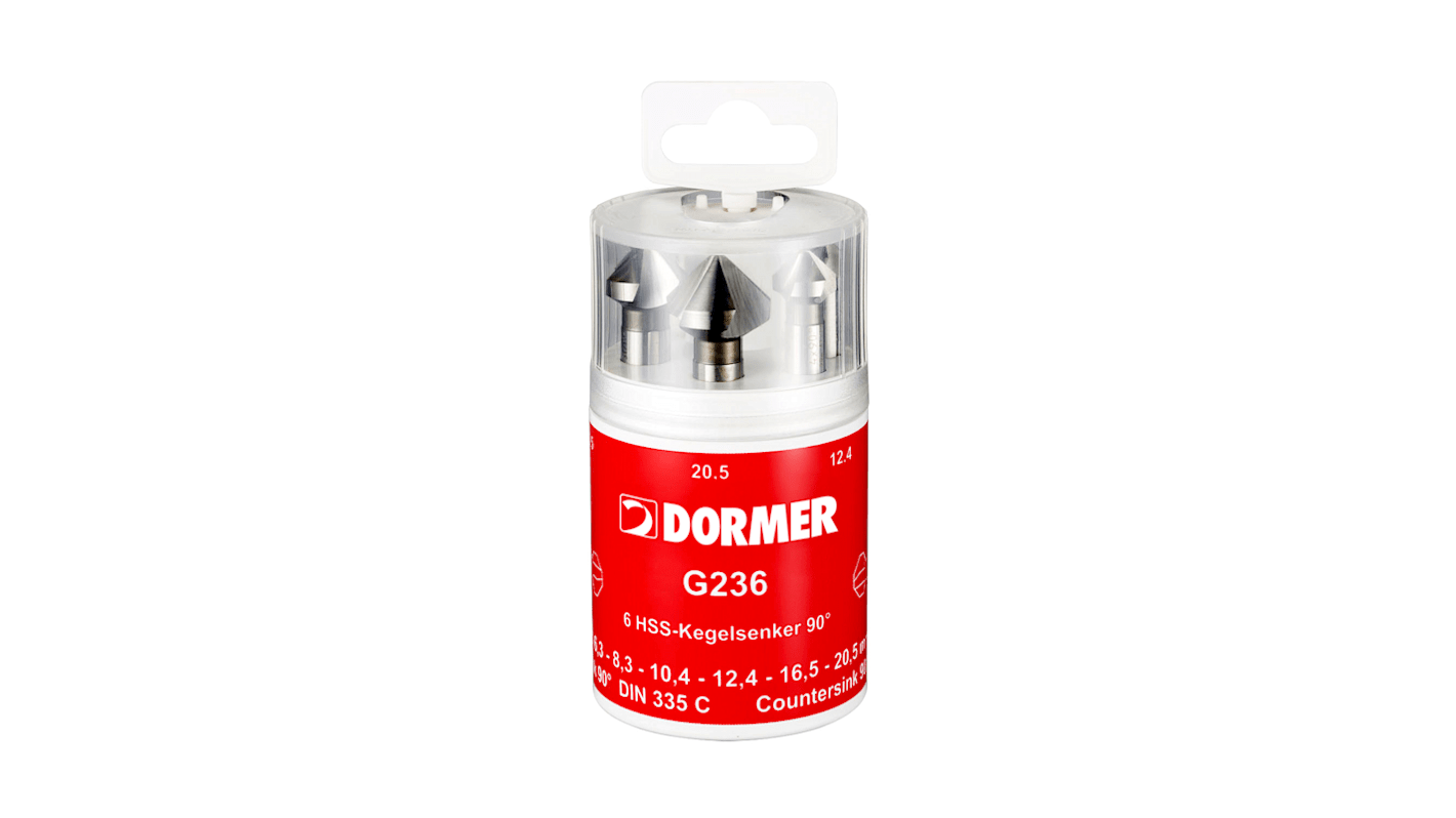 Dormer HSS Countersink, 6.30 mm, 8.3 mm, 10.4 mm, 12.4 mm, 16.5 mm, 20.5 mm Head, 90°, 6 Piece(s)