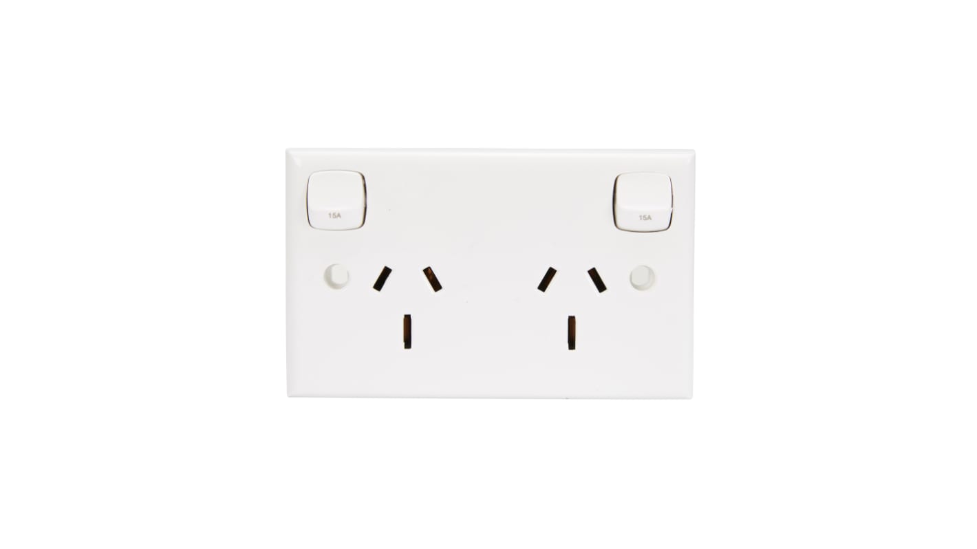 HPM White 2 Gang Power Socket, Double Pole Poles, 15A, Type I - ANZ/CN, Indoor Use