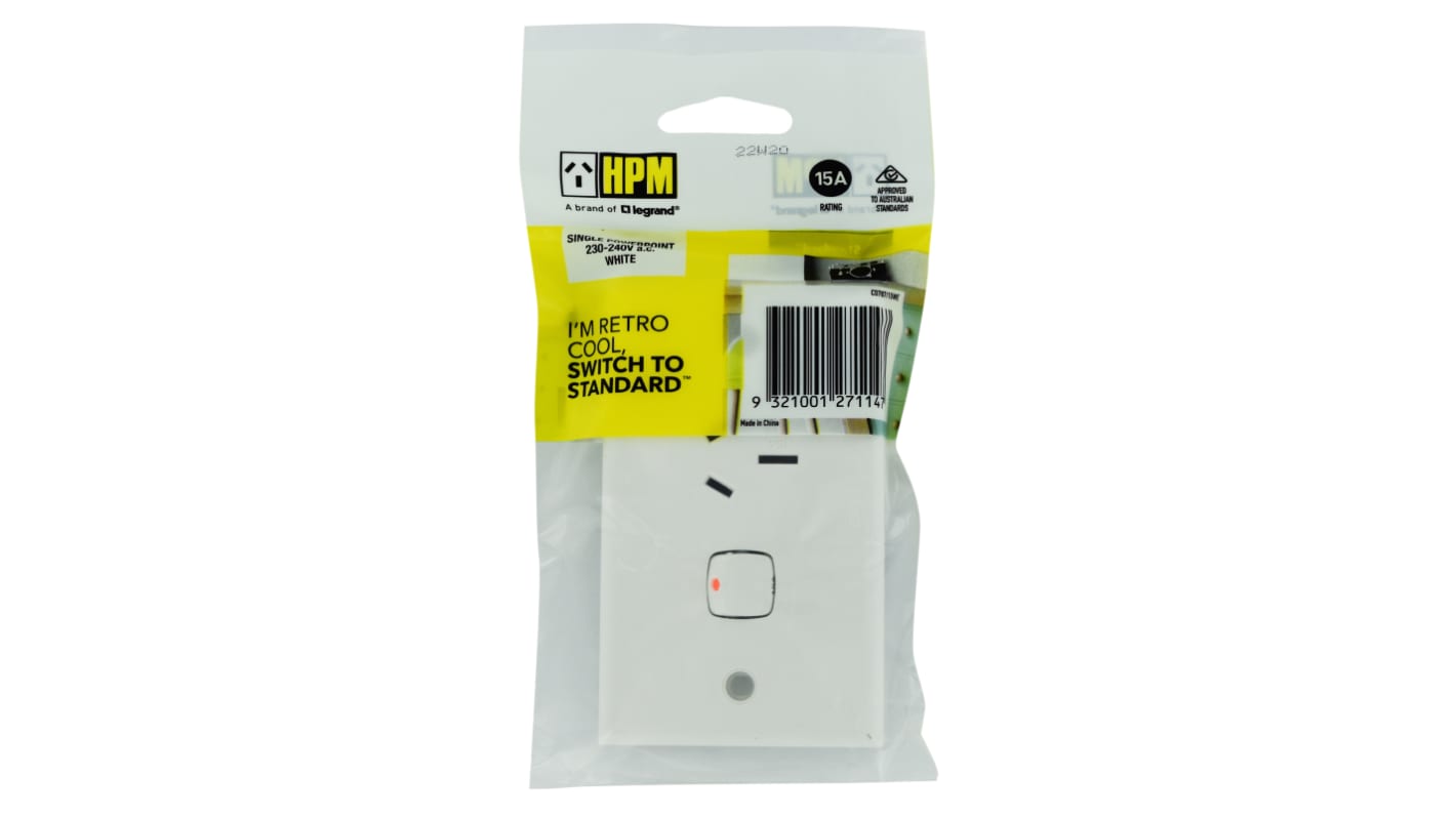 HPM White 1 Gang Power Socket, Double Pole Poles, 15A, Type I - ANZ/CN, Indoor Use