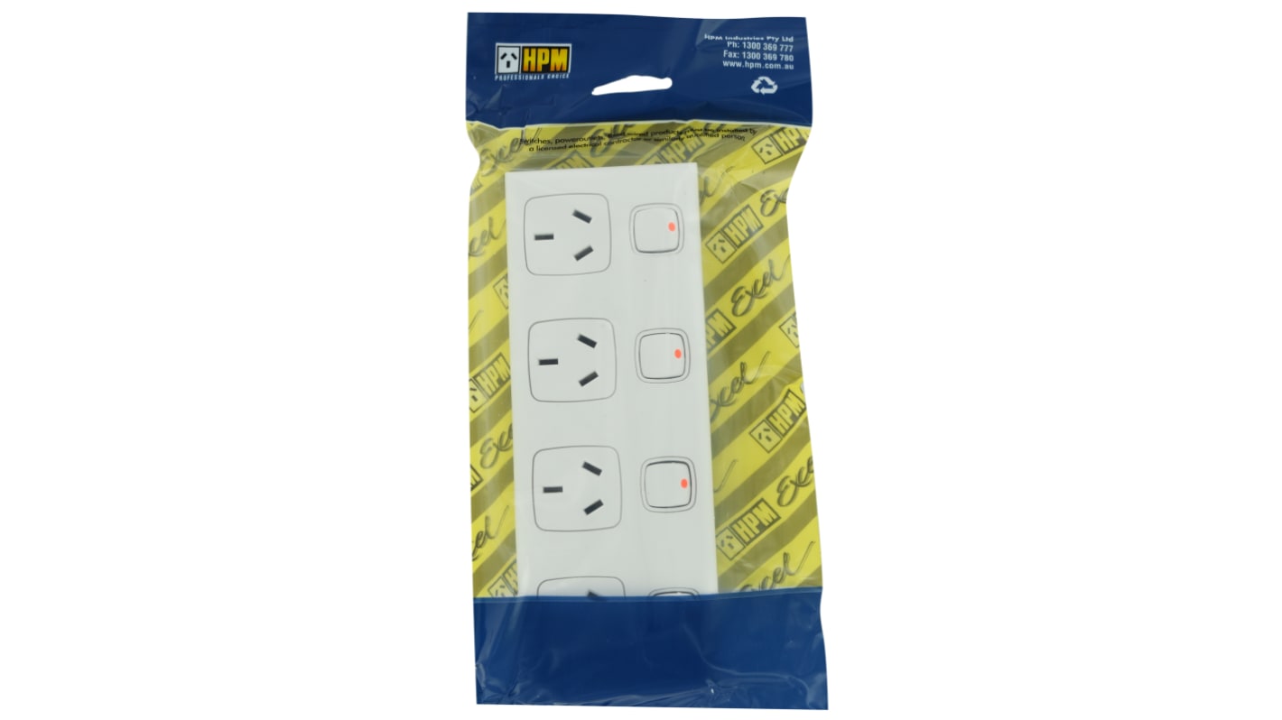 HPM White 4 Gang Plug Socket, Double Pole Poles, 10A, Type I - ANZ/CN, Indoor Use