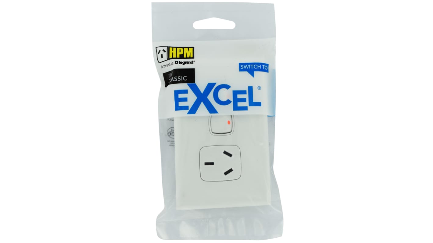 HPM White 1 Gang Plug Socket, Double Pole Poles, 10A, Type I - ANZ/CN, Indoor Use