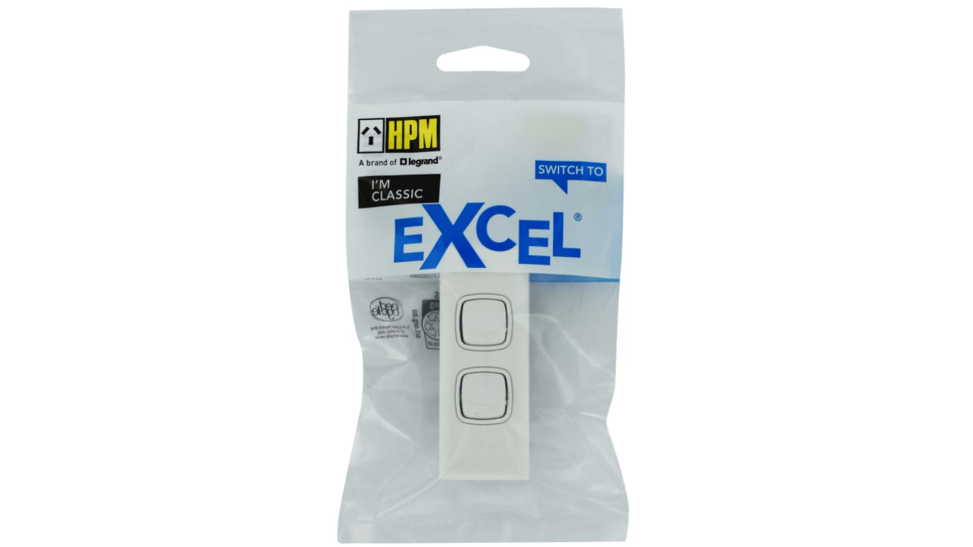 HPM White Architrave Switch, 1 Way, 2 Gang, CDXLA770