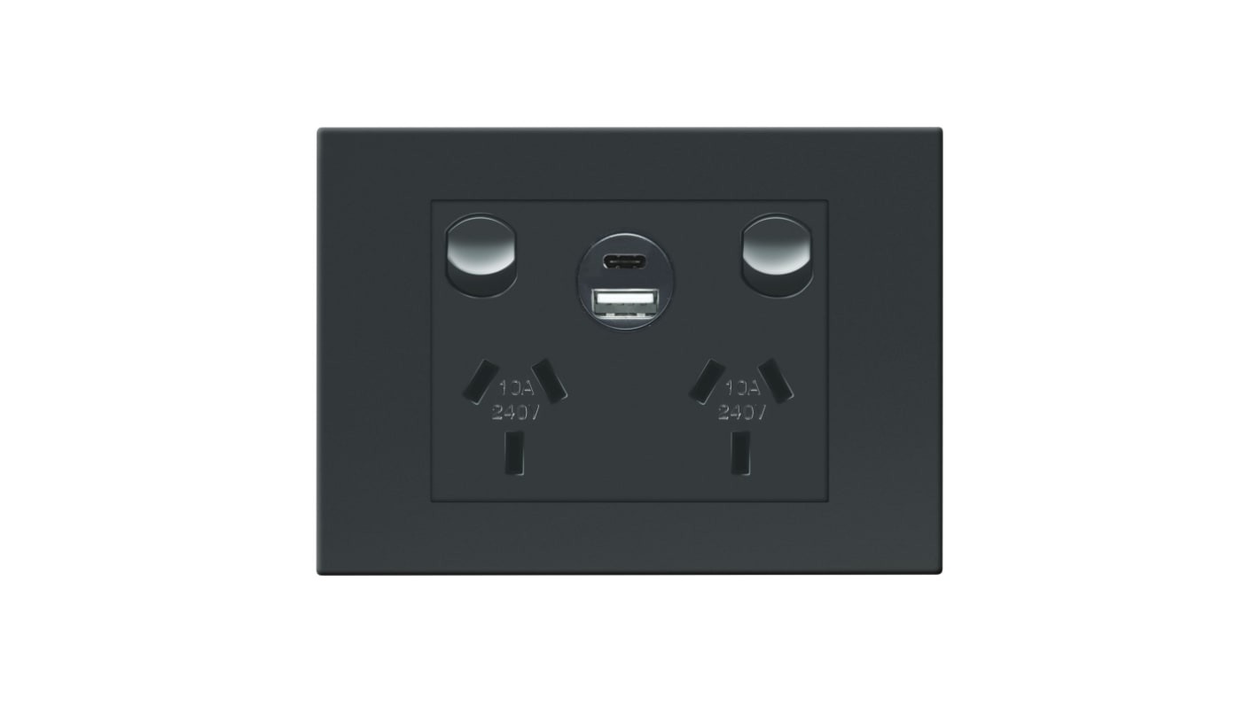 HPM Grey 2 Gang Power Socket, Double Pole Poles, 10A, Type I - ANZ/CN, Indoor Use