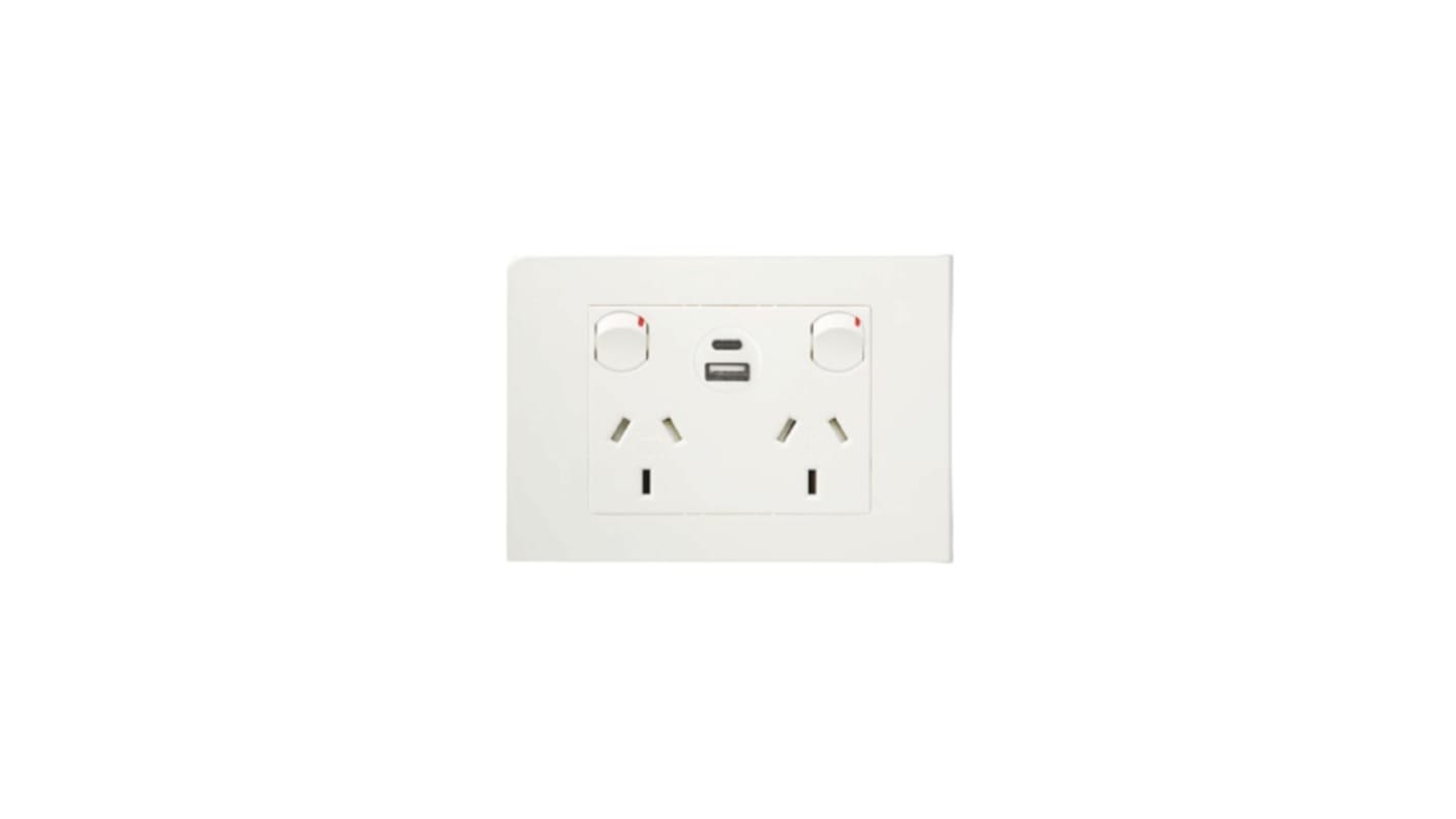 HPM White 2 Gang Power Socket, Double Pole Poles, 10A, Type I - ANZ/CN, Indoor Use