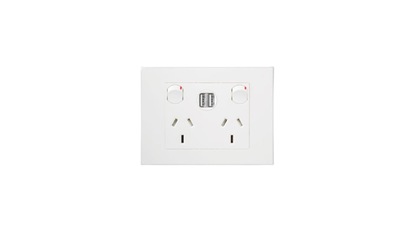 HPM White 2 Gang Power Socket, Double Pole Poles, 10A, Type I - ANZ/CN, Indoor Use