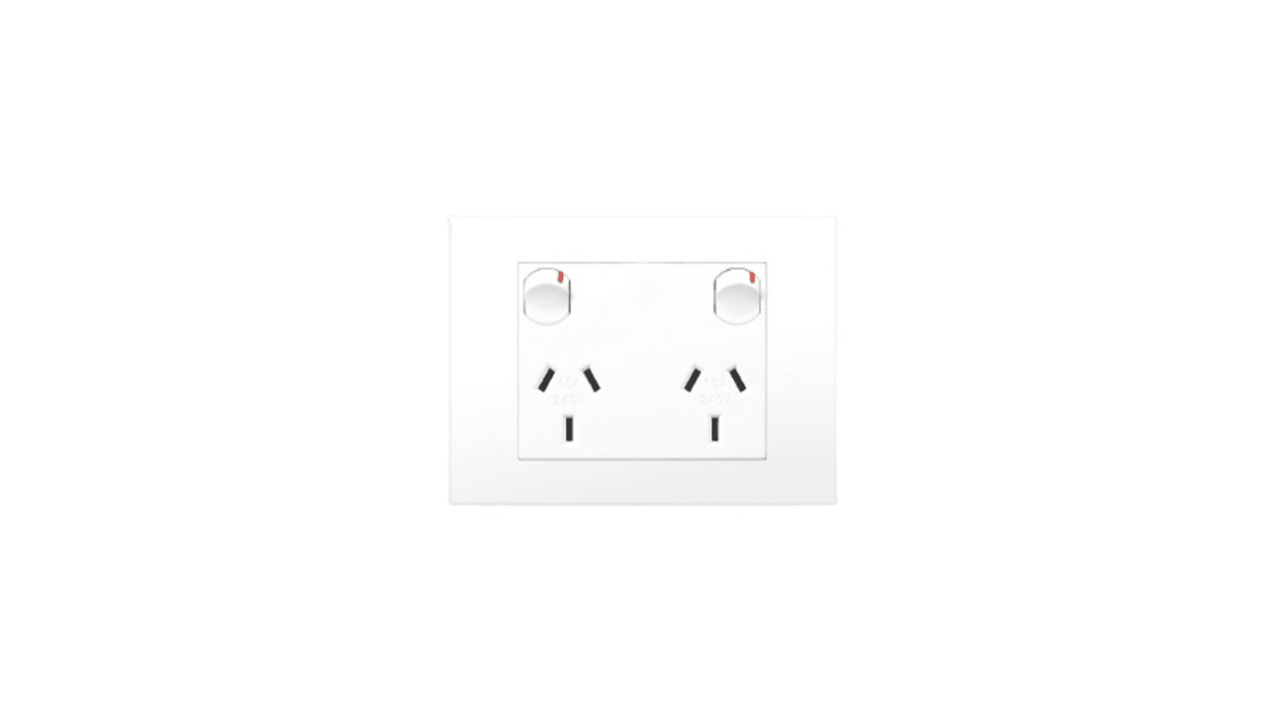 HPM White 2 Gang Power Socket, Double Pole Poles, 10A, Type I - ANZ/CN, Indoor Use