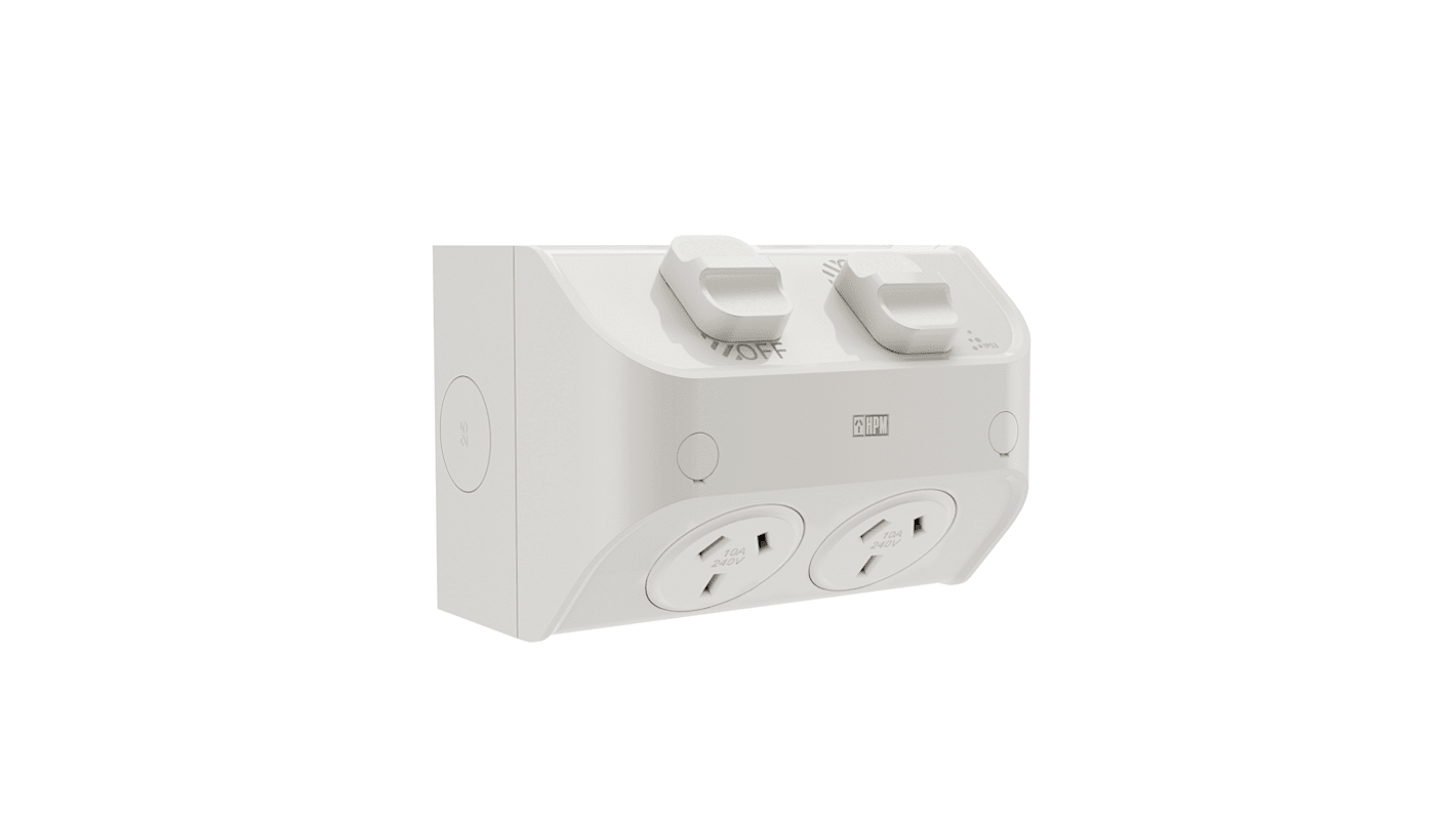 HPM Grey 2 Gang Power Socket, Double Pole Poles, 10A, Type I - ANZ/CN, Indoor Use