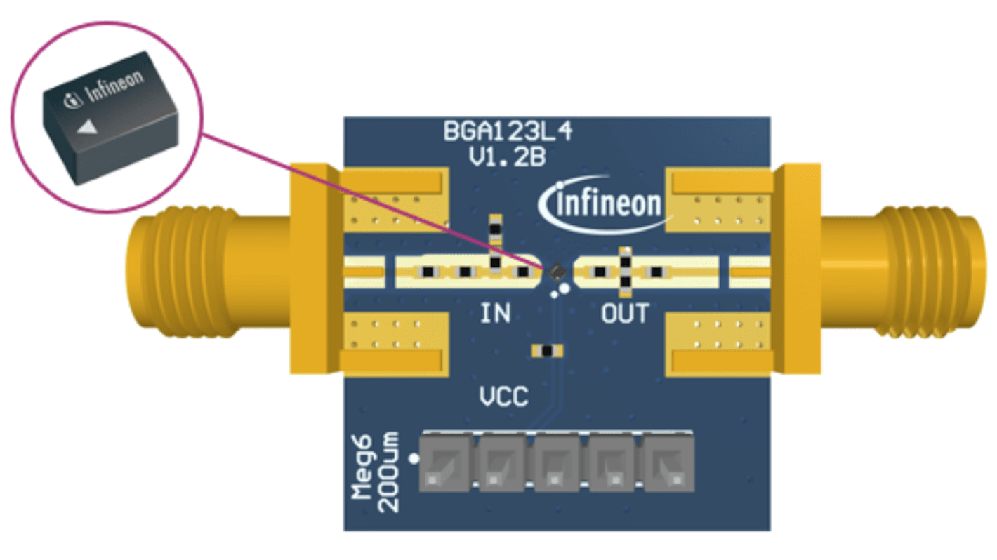 Kommunikáció és vezeték nélküli fejlesztőeszköz, EVALBGA123L4TOBO1, GNSS modul, Erősítő + Lineáris,; Diode,