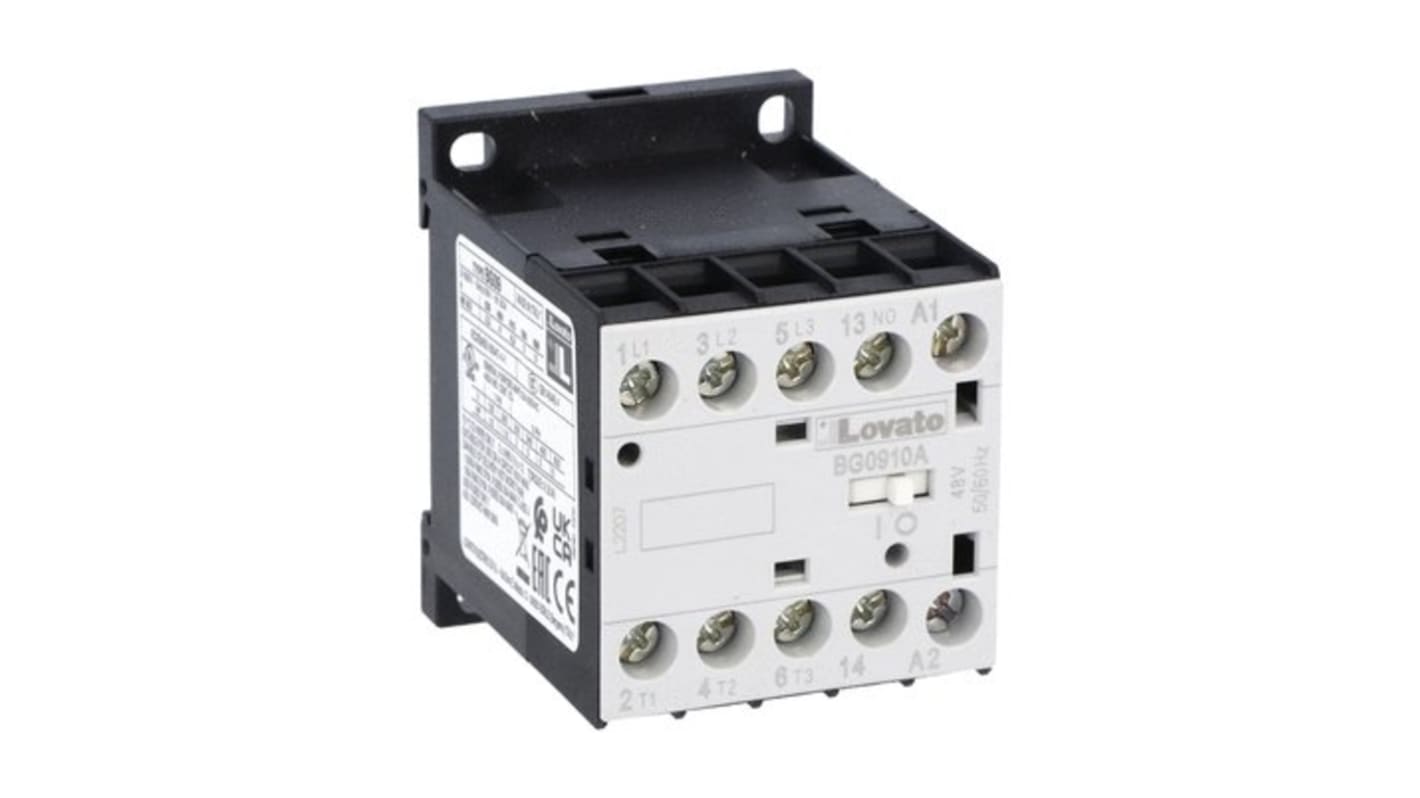 Lovato BG09 Contactor, 48 V Coil, 3-Pole, 9 A, 5 kW, 1NO, 690 V