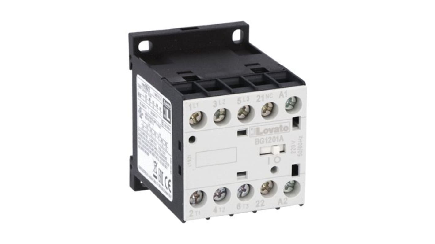 Contactor Lovato BG12 de 3 polos, 1 NC, 12 A, bobina 220 V ac, 22 kW