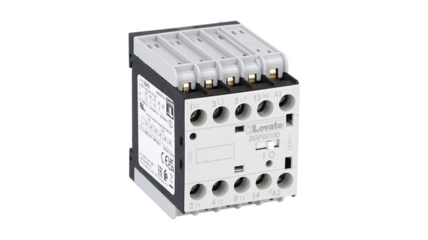 Contactor Lovato BGP09 de 3 polos, 1 NA, 9 A, bobina 24 V dc, 22 kW