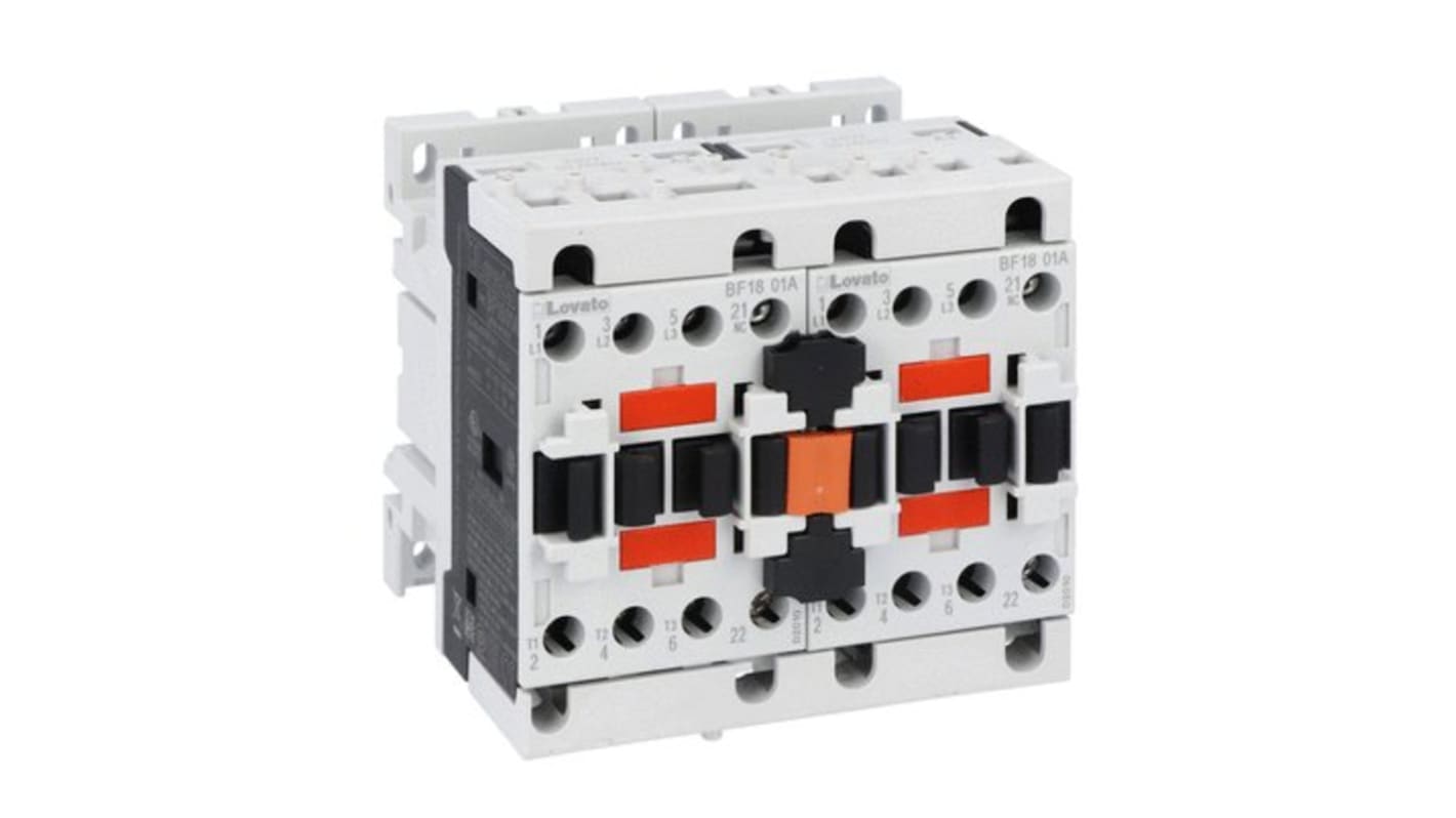 Contactor de inversión Lovato BFA018 de 3 polos, 1 NC, 18 A, bobina 48 V ac, 10 kW