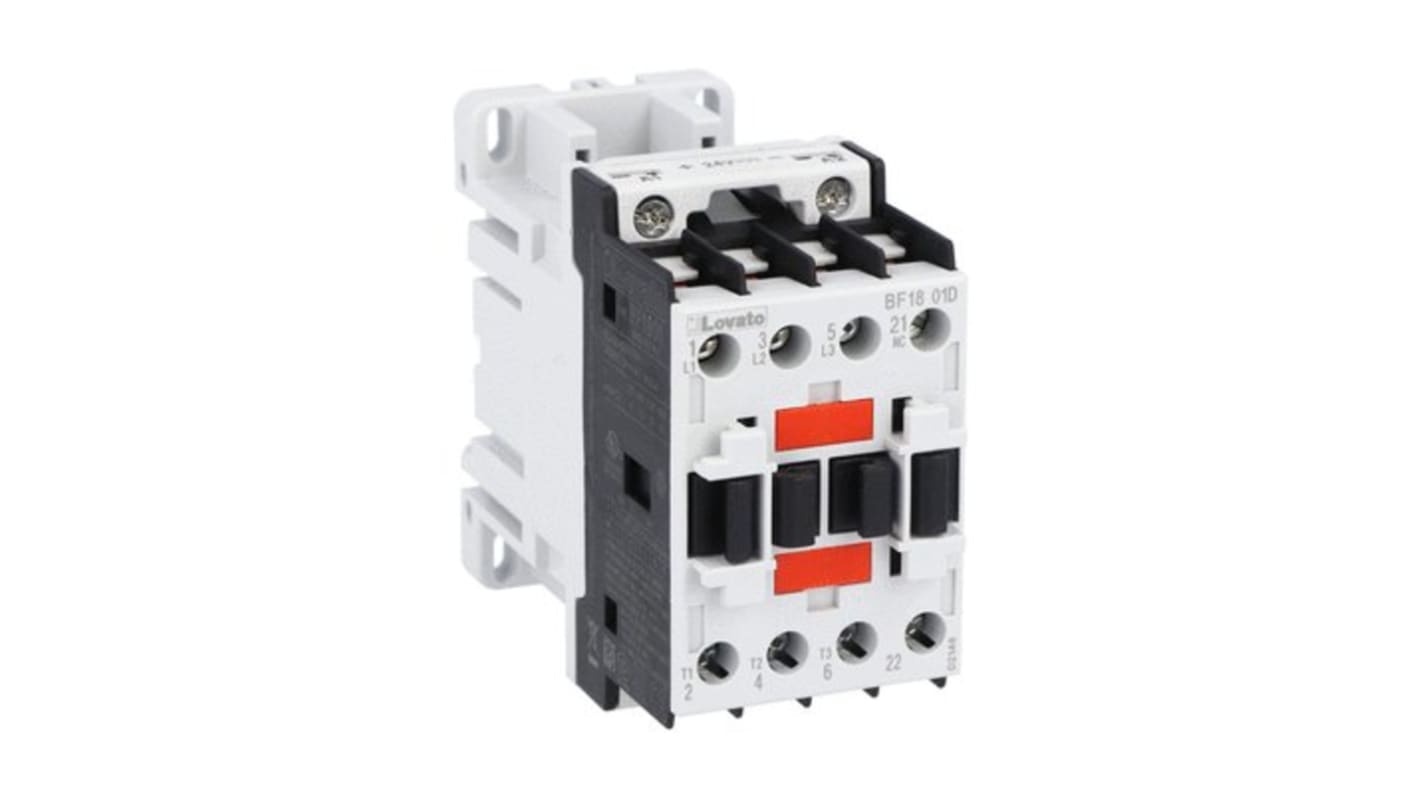 Lovato BF18 Series Contactor, 125 V dc Coil, 3-Pole, 18 A, 36 kW, 1NC, 690 V