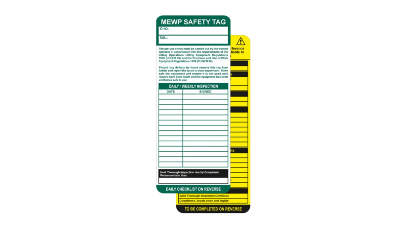 Targhette avvertenza per serrature 'MEWP Safety Tag' 50Eachx