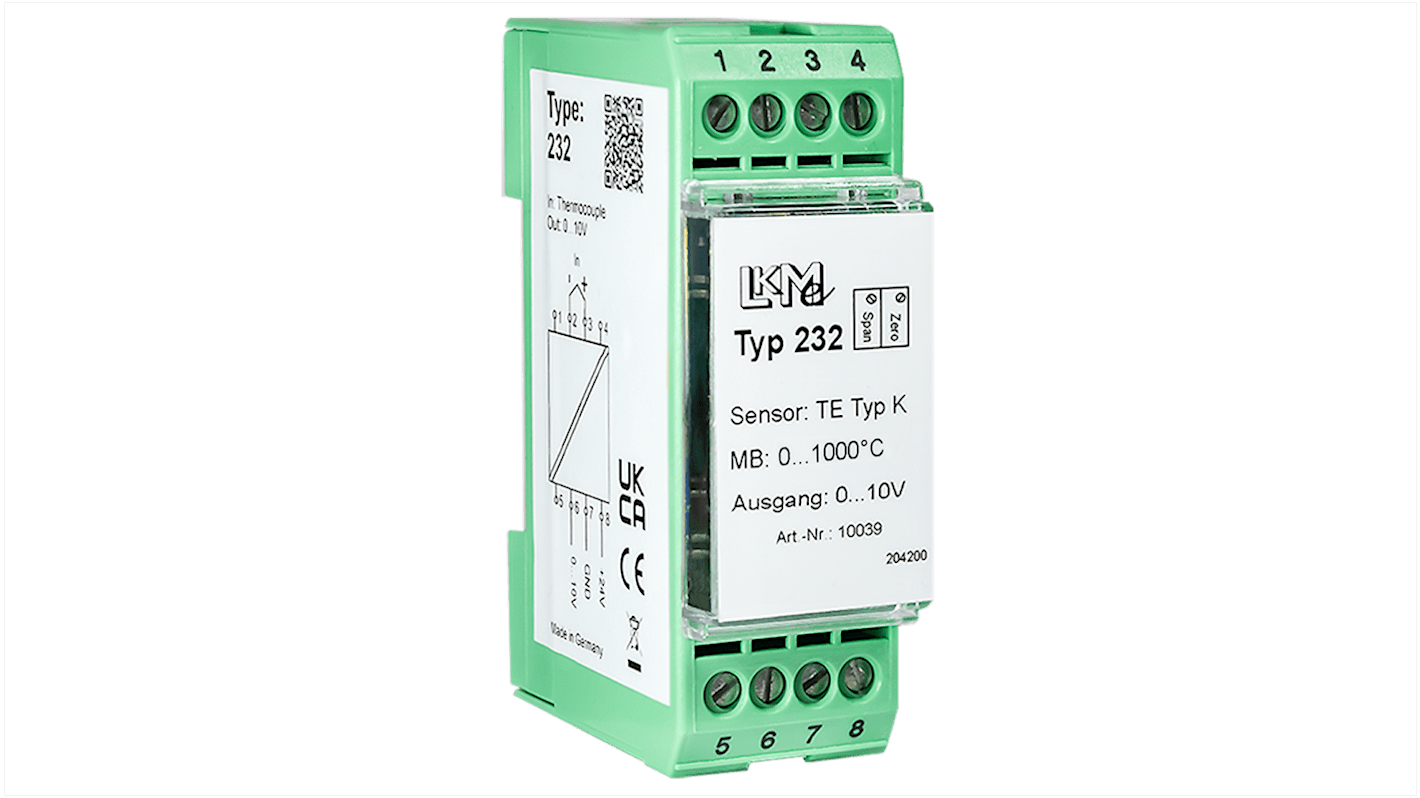 Trasmettitore di temperatura LKMelectronic LKM, 0°C→1000°C, ingresso Termocoppia tipo K , uscita 0 → 10 V, 24 V