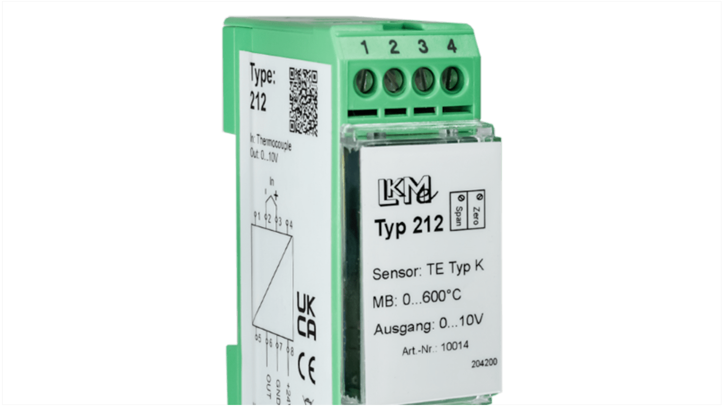 LKMelectronic Temperatur-Messumformer 15 → 26 V ak/dc, 15 → 35 V ak/dc, 0°C → 600°C für Typ K Ausgang 0