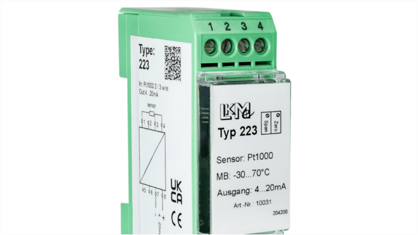 Trasmettitore di temperatura LKMelectronic LKM, -200°C→600°C, ingresso Pt100/Pt1000, uscita 4 → 20 mA, 10