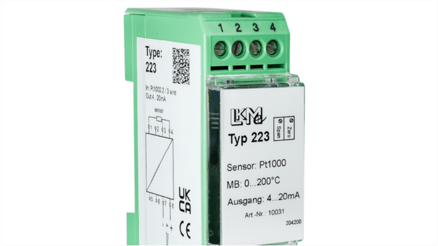 Transmisor de temperatura LKMelectronic serie LKM, rango temp: -200°C → 600°C, para Pt100/Pt1000, 10 → 35 V dc