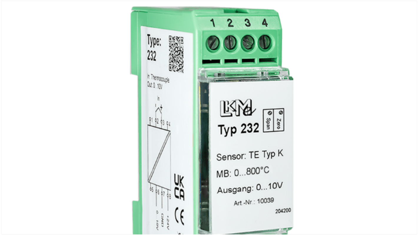 LKMelectronic Temperatur-Messumformer 24 V dc, -200°C → 600°C für Typ B, Typ E, Typ J, Typ K, Typ L, Typ N, Typ S, Typ