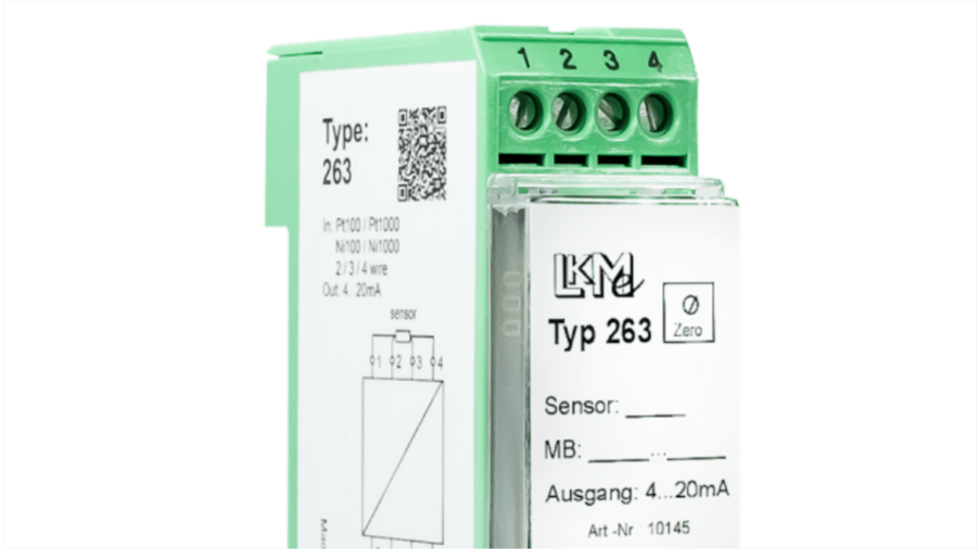 Trasmettitore di temperatura LKMelectronic LKM, -200°C→850°C, ingresso Ni100, Ni1000, Pt100, Pt1000, uscita 4 →