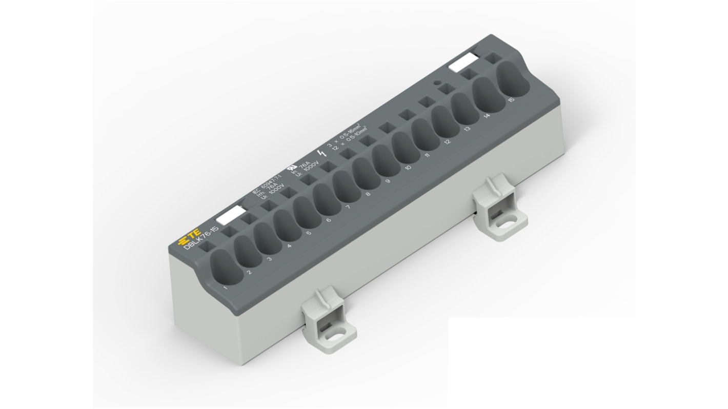 Distribution Block, 15 Way, 1.5 → 25mm², 85A, 1 kV, Black, Grey