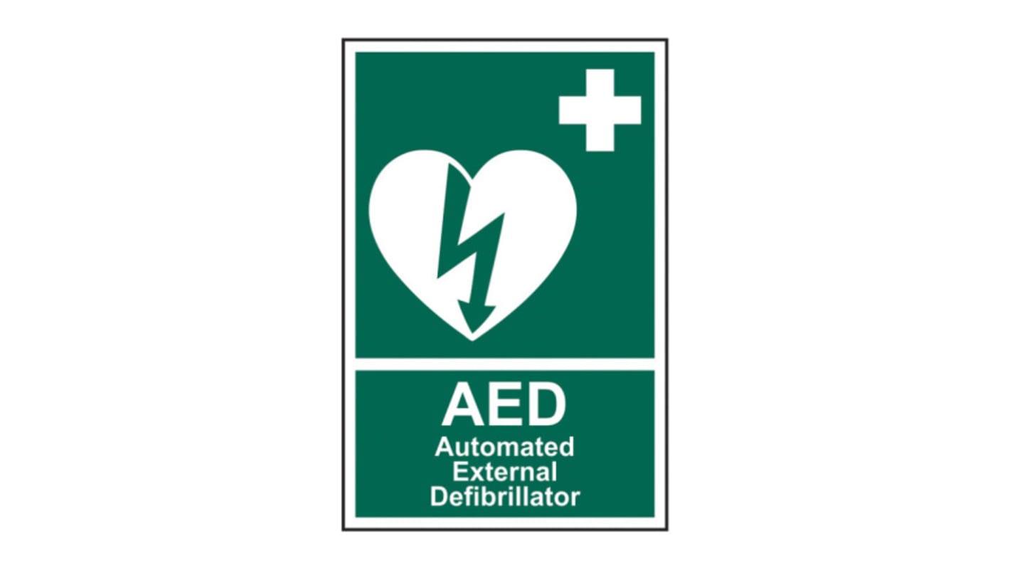 Tabulka bezpečných podmínek, Vinyl, Zelená/bílá, Automated External Defibrillator, Angličtina Spectrum Industrial